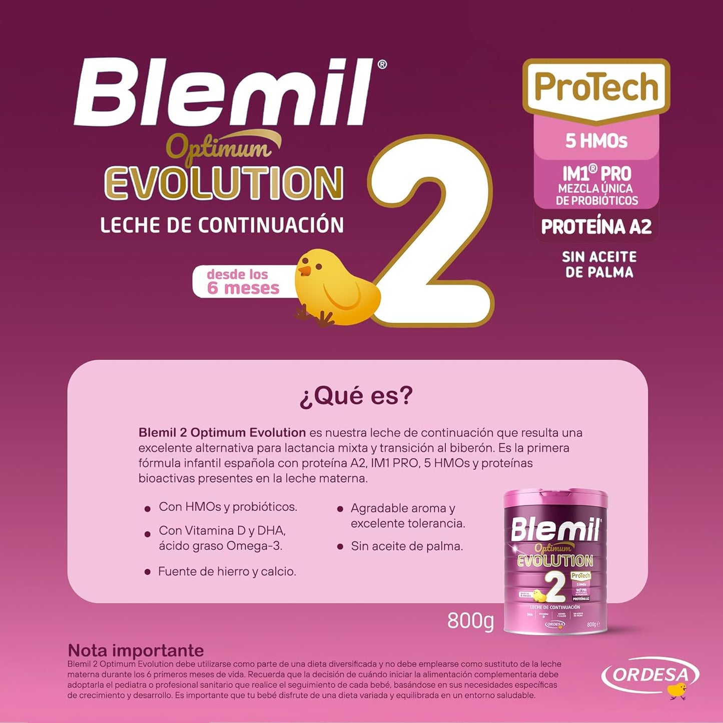 [3 UNIDADES] Blemil 2 Optimum Evolution 800g | Leite de Transição desde os 6 Meses